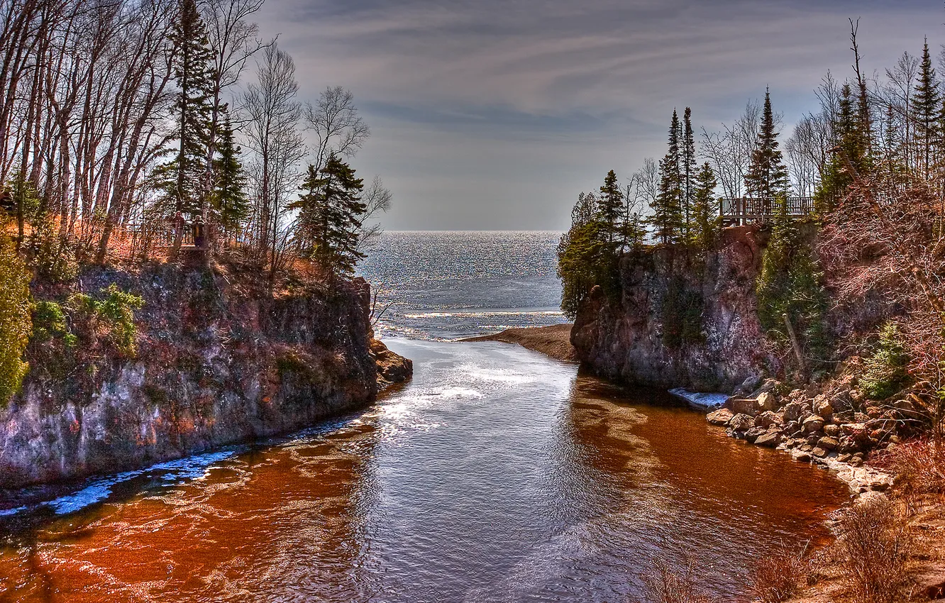 Фото обои море, небо, деревья, река, обрыв, США, minnesota