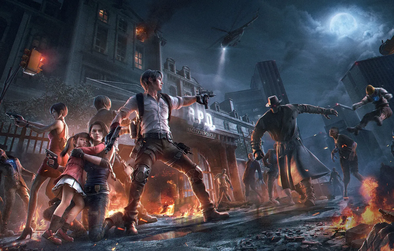 Фото обои flame, girl, moon, zombie, gun, pistol, resident evil, biohazard