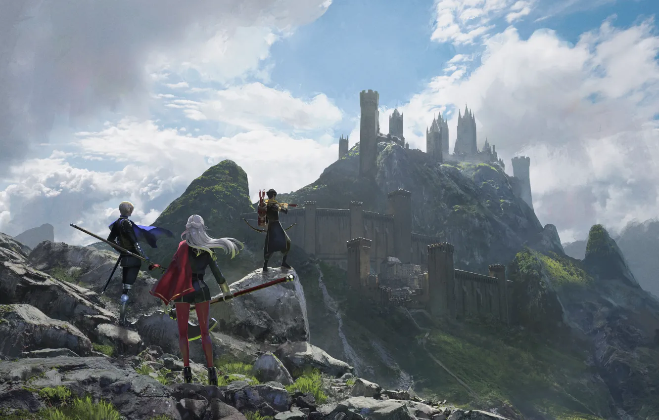 Фото обои девушка, горы, оружие, замок, мужчины, Fire Emblem, Claude Von Riegan, Edelgard Von Hresvelg