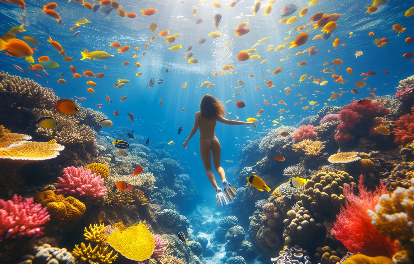 Фото обои море, лето, вода, девушка, свет, рыбки, рыбы, природа