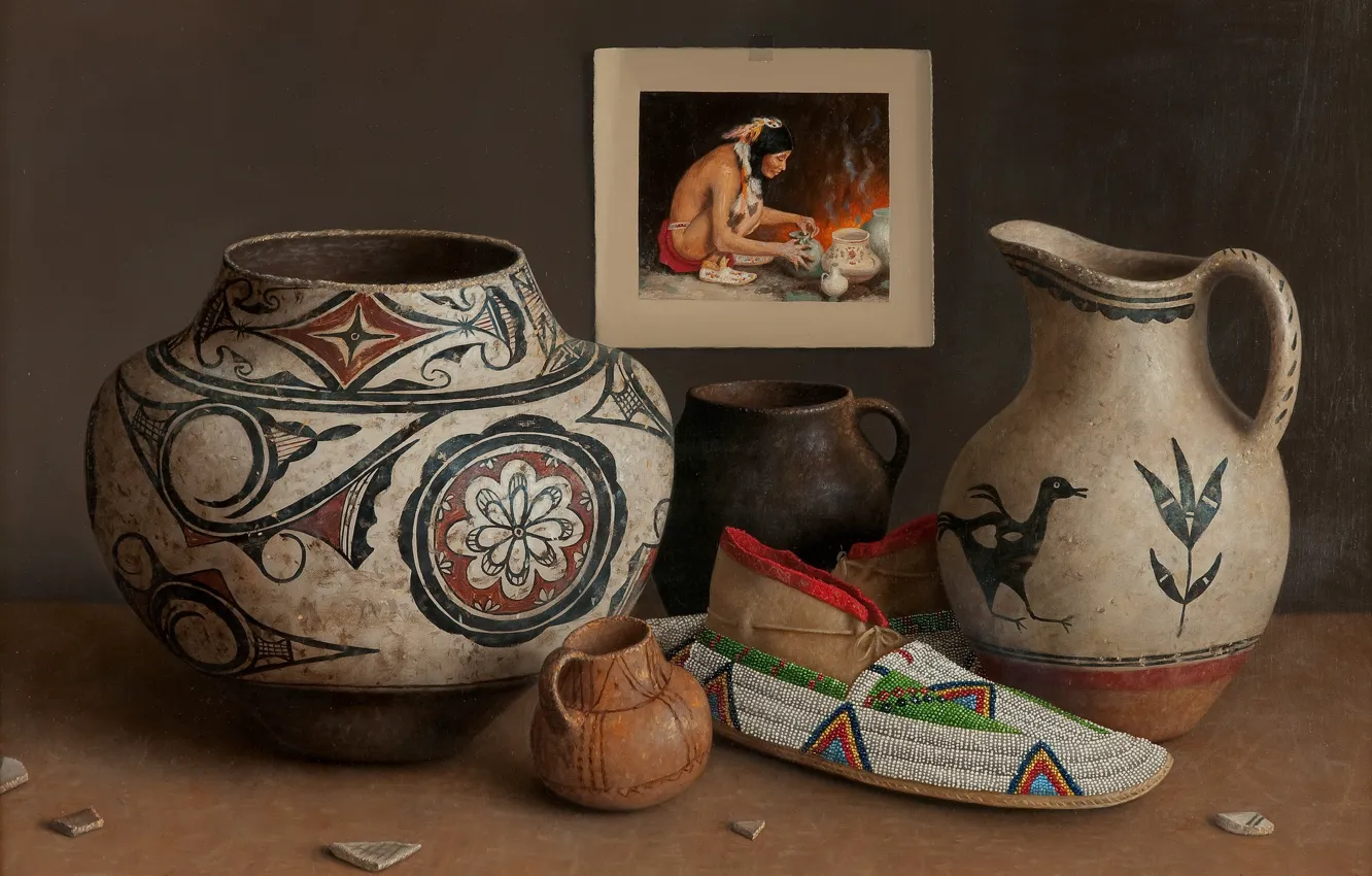 Фото обои узоры, картина, ваза, кувшин, башмачок, индеец, Still life, William Acheff