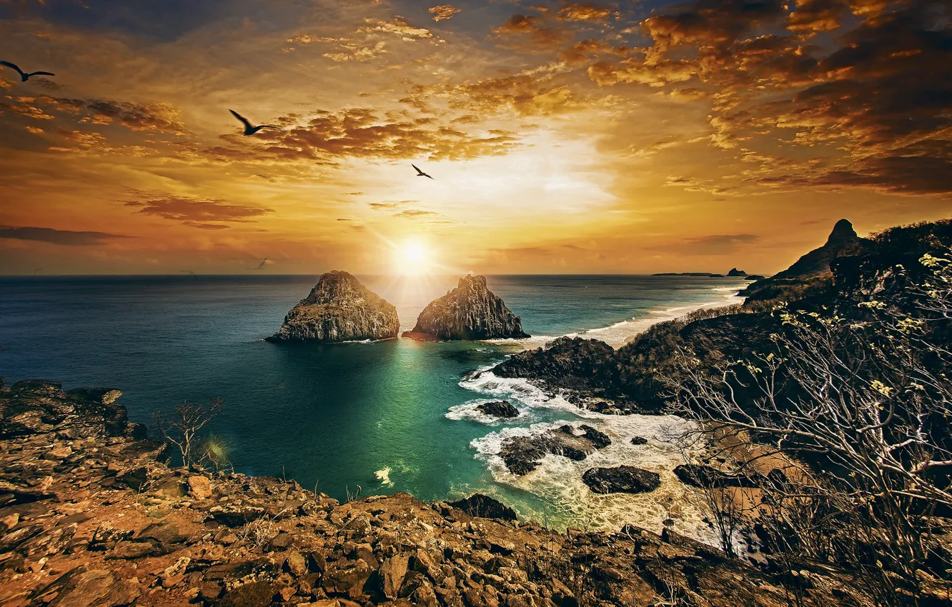 Фото обои закат, океан, скалы, побережье, Бразилия, Brazil, Атлантический океан, Atlantic Ocean