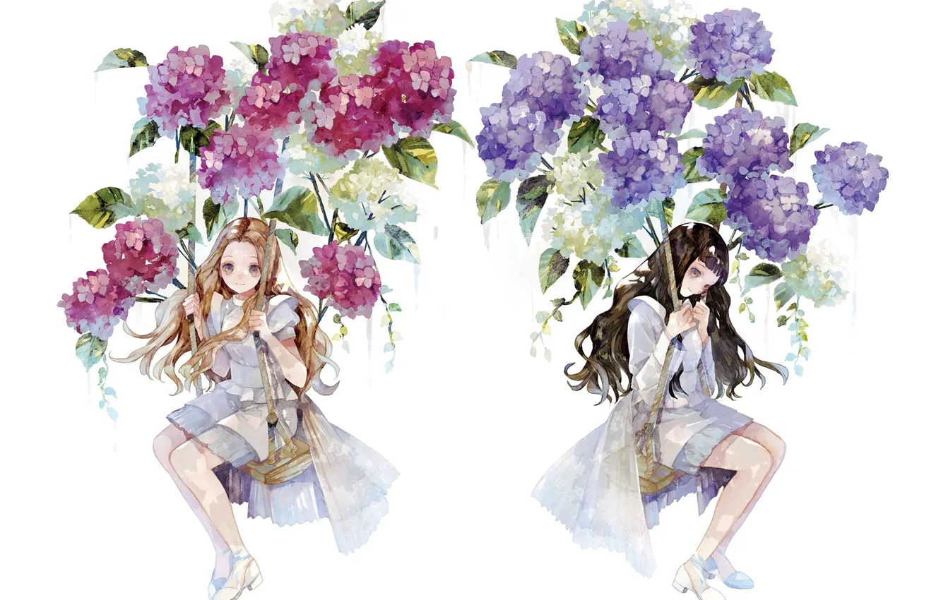 Фото обои цветы, девушки, качели, аниме, арт, живопись