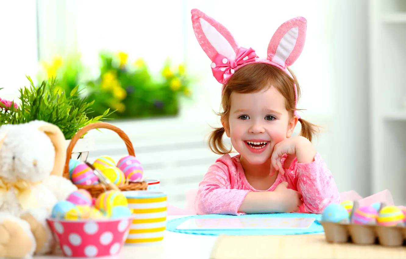 Фото обои радость, улыбка, настроение, ребенок, Пасха, child, Easter, маленькая девочка