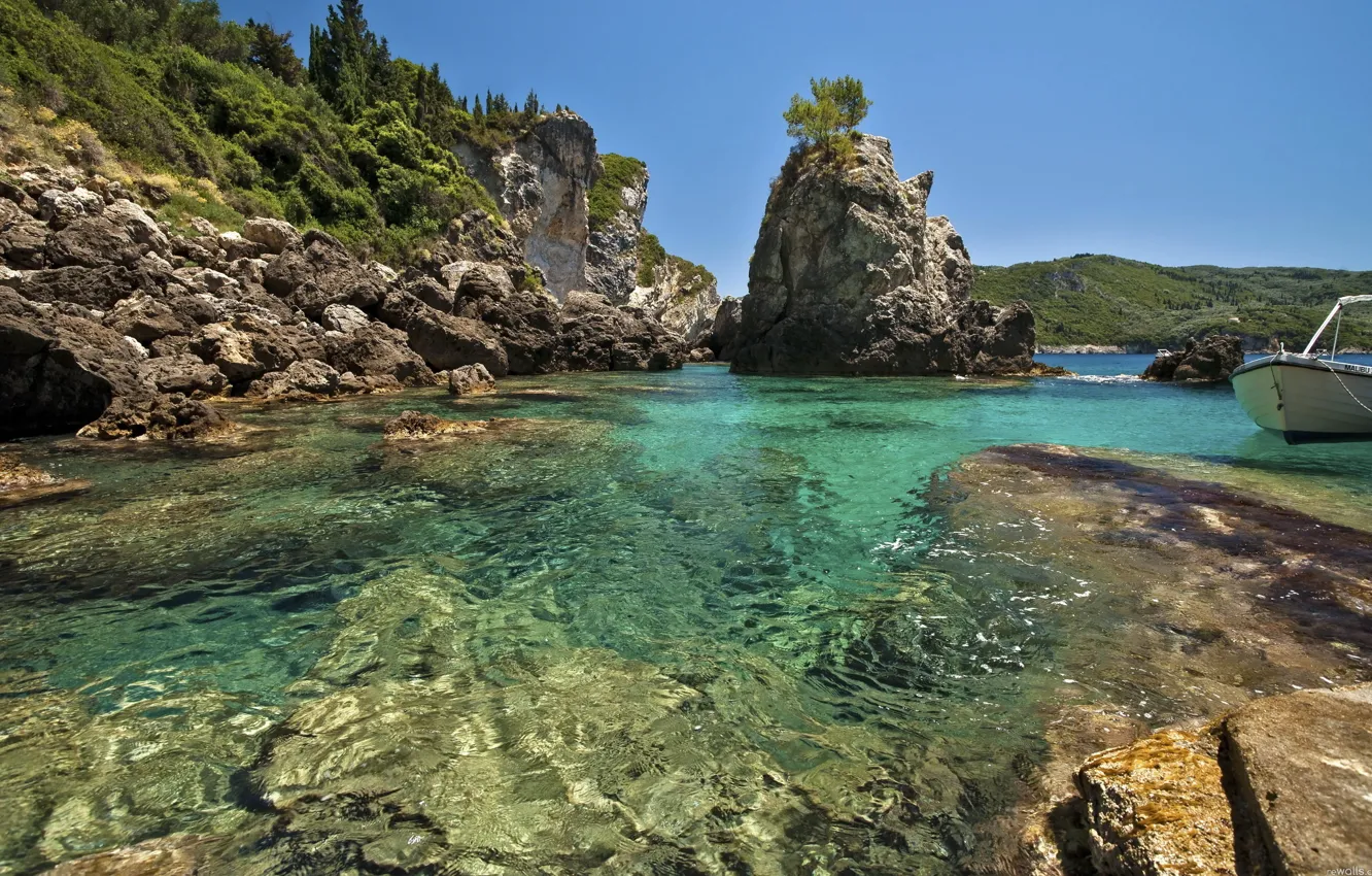 Фото обои море, скалы, лодка, лагуна