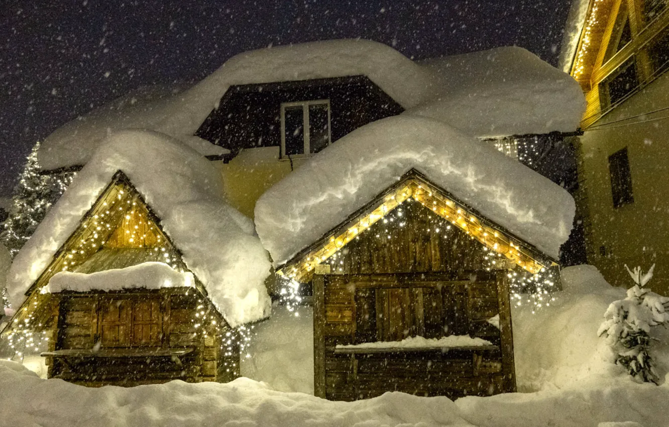 Фото обои Снегопад, Snowfall, Зимний Вечер, Заснеженный Домик, Snow-Covered House, Winter Evening