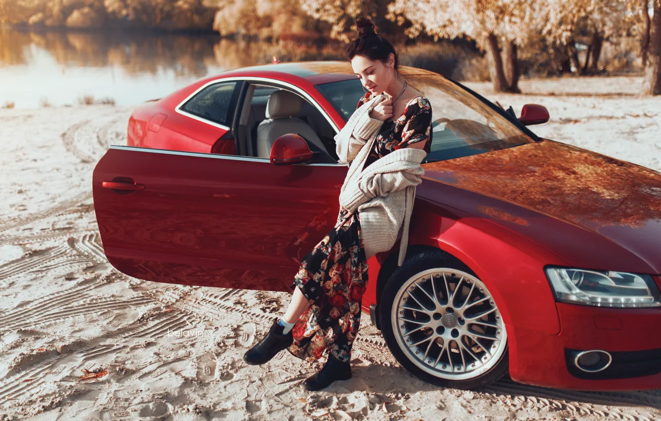 Фото обои машина, поза, Audi, волосы, Девушка, платье, Belavin, Александр Белавин