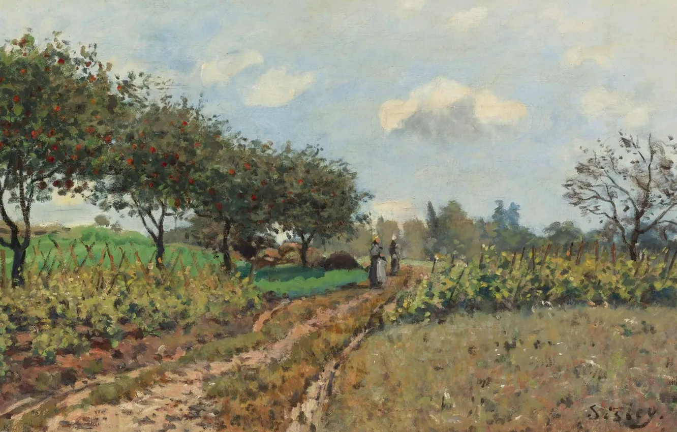 Фото обои деревья, пейзаж, картина, Alfred Sisley, Альфред Сислей, Дорога в Кампань