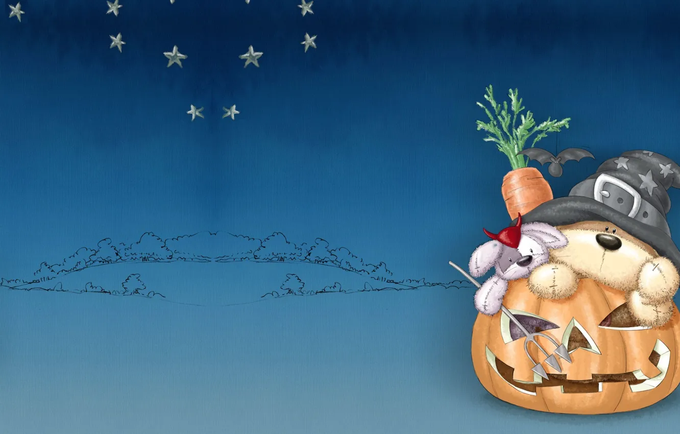 Фото обои праздник, морковка, арт, тыква, медвежонок, Хэллоуин, зайчик, детская