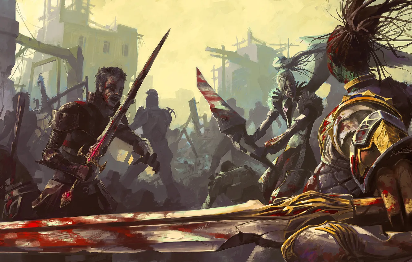 Фото обои кровь, азия, меч, бой, руины, битва