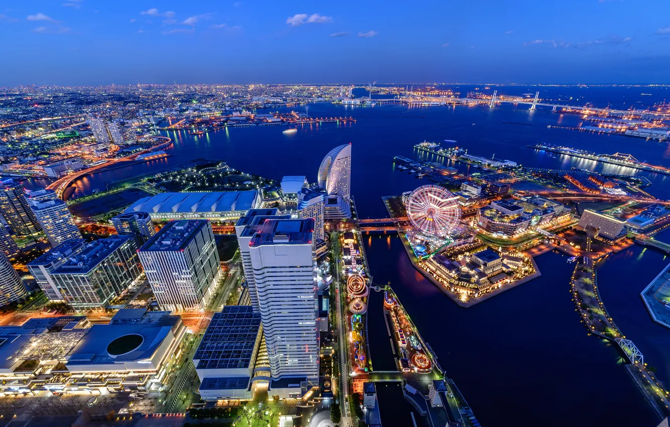 Фото обои ночь, город, река, фото, небоскребы, Япония, сверху, Yokohama