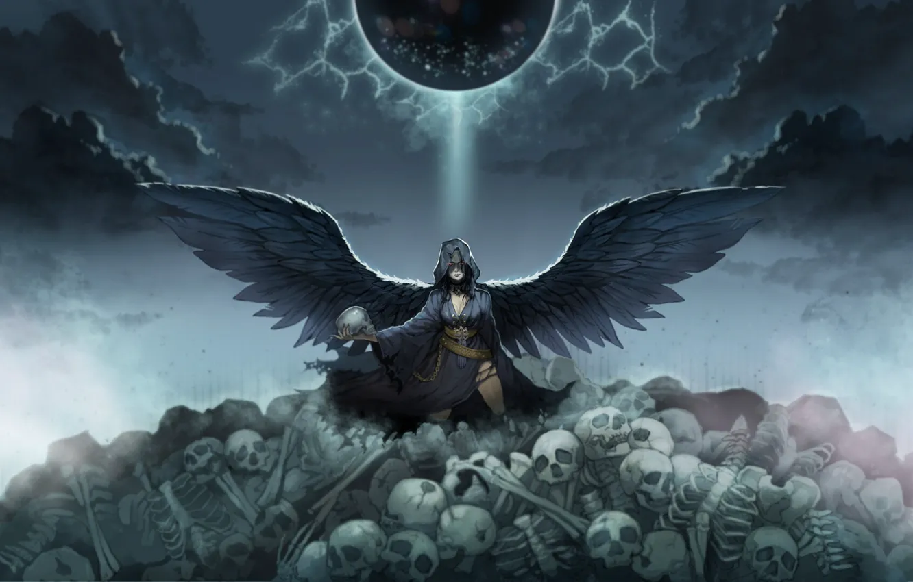 Фото обои взгляд, крылья, ангел, фэнтези, арт, черепа, скелеты, ангел смерти