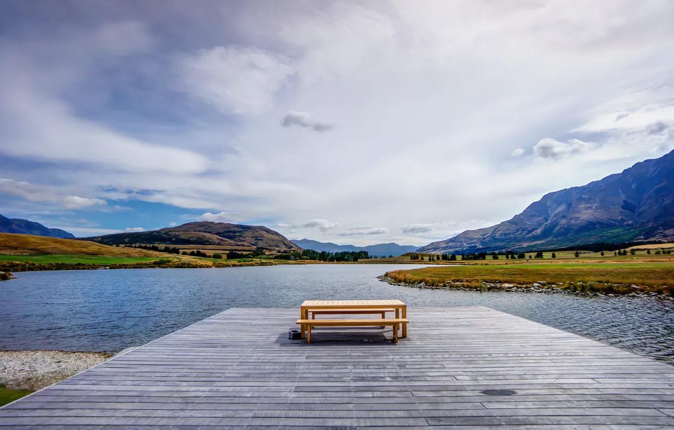 Фото обои горы, пруд, стол, Новая Зеландия, пирс, New Zealand, mountains, Queenstown
