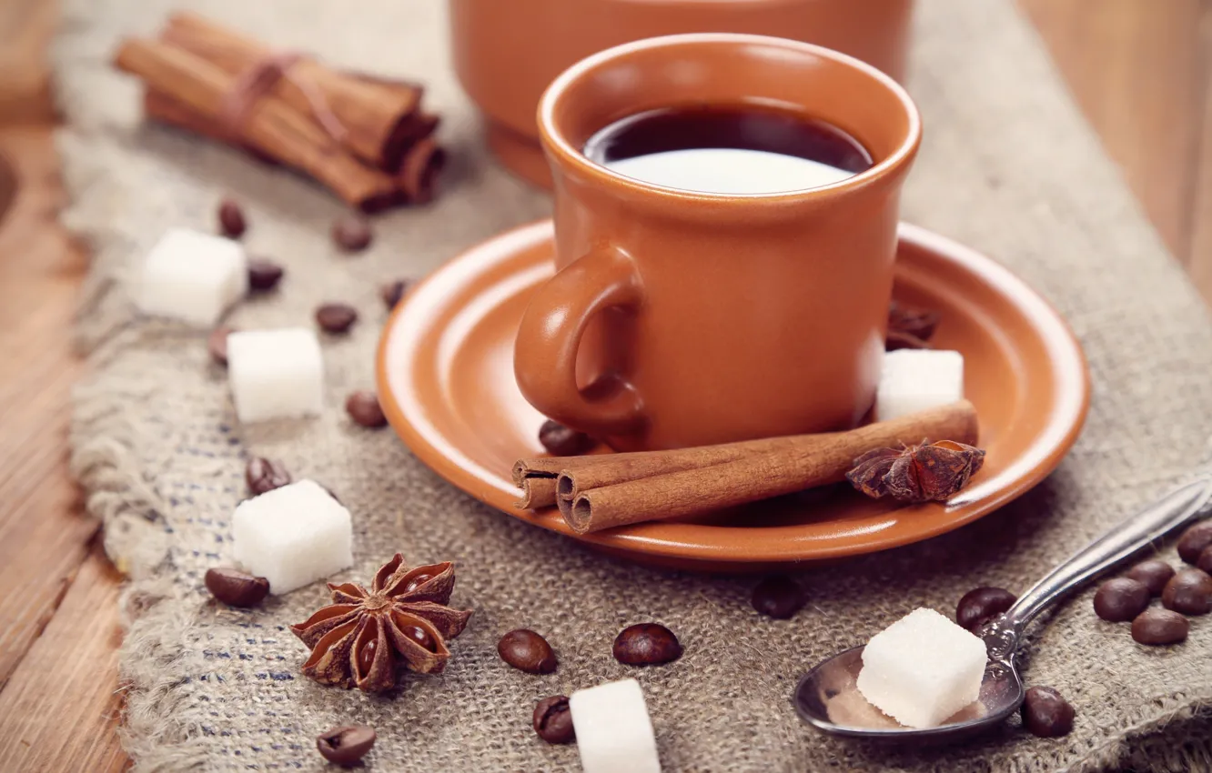 Фото обои кофе, зерна, ложка, чашка, сахар, корица, блюдце, пряности