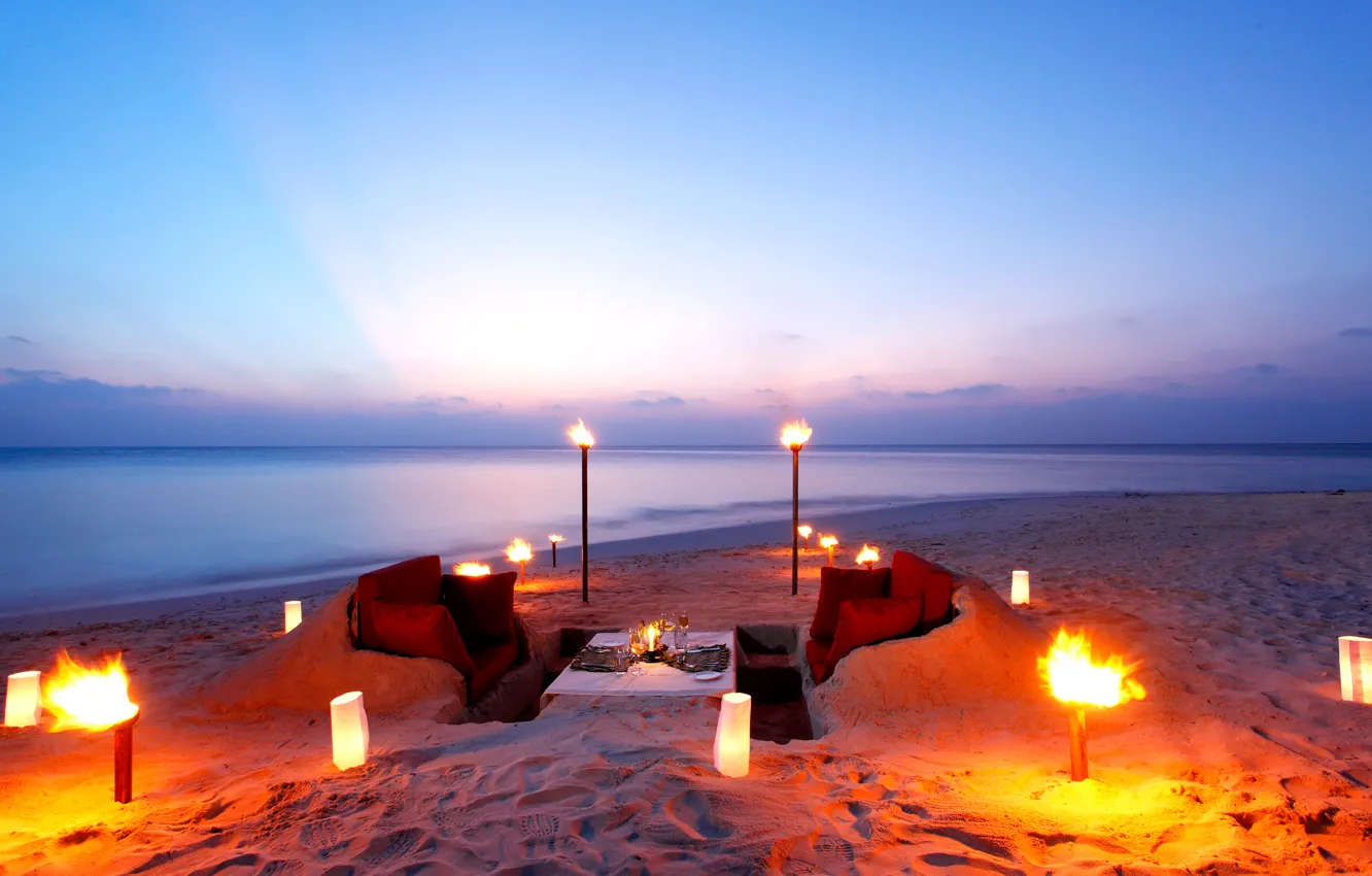 Фото обои пляж, океан, романтика, вечер, ужин