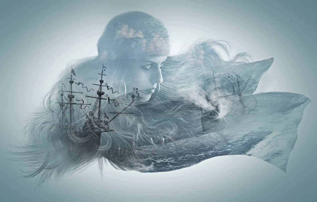 Фото обои море, девушка, корабль, монтаж