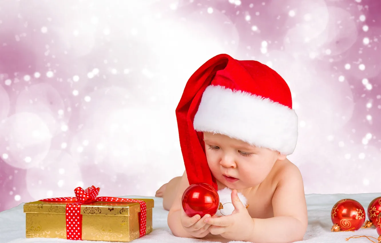 Фото обои зима, шапка, игрушки, ребенок, подарки, Новый год, Christmas, winter