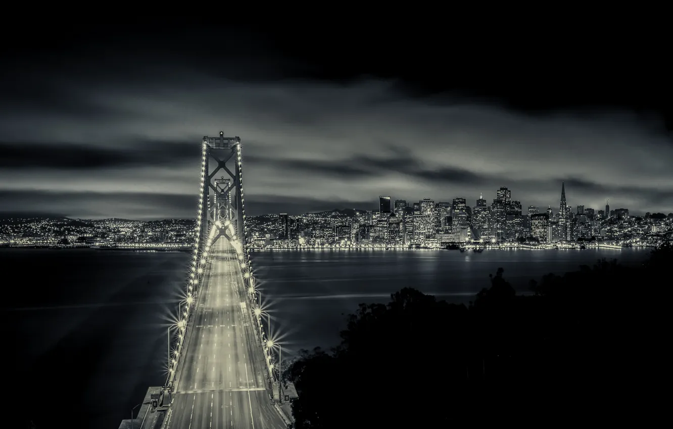 Фото обои ночь, мост, огни, Калифорния, Сан-Франциско, California, San Francisco, Bay Bridge