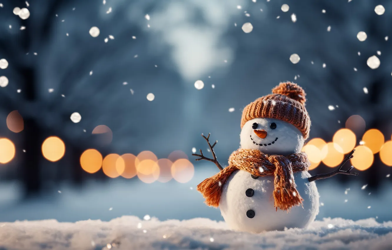 Фото обои зима, снег, Рождество, Новый год, снеговик, Christmas, winter, snow