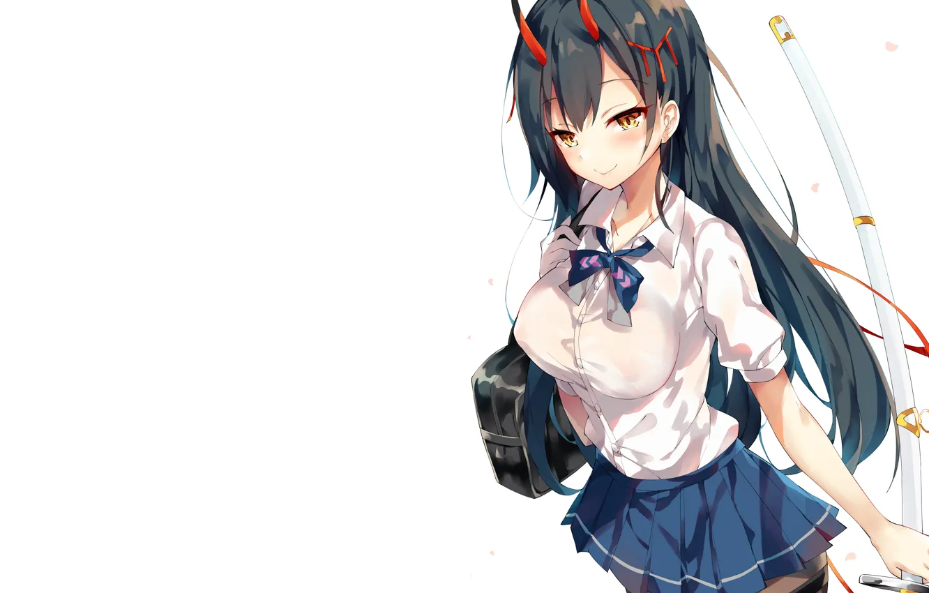 Фото обои girl, sexy, blouse, school uniform, thighhighs, long hair, anime, beautiful