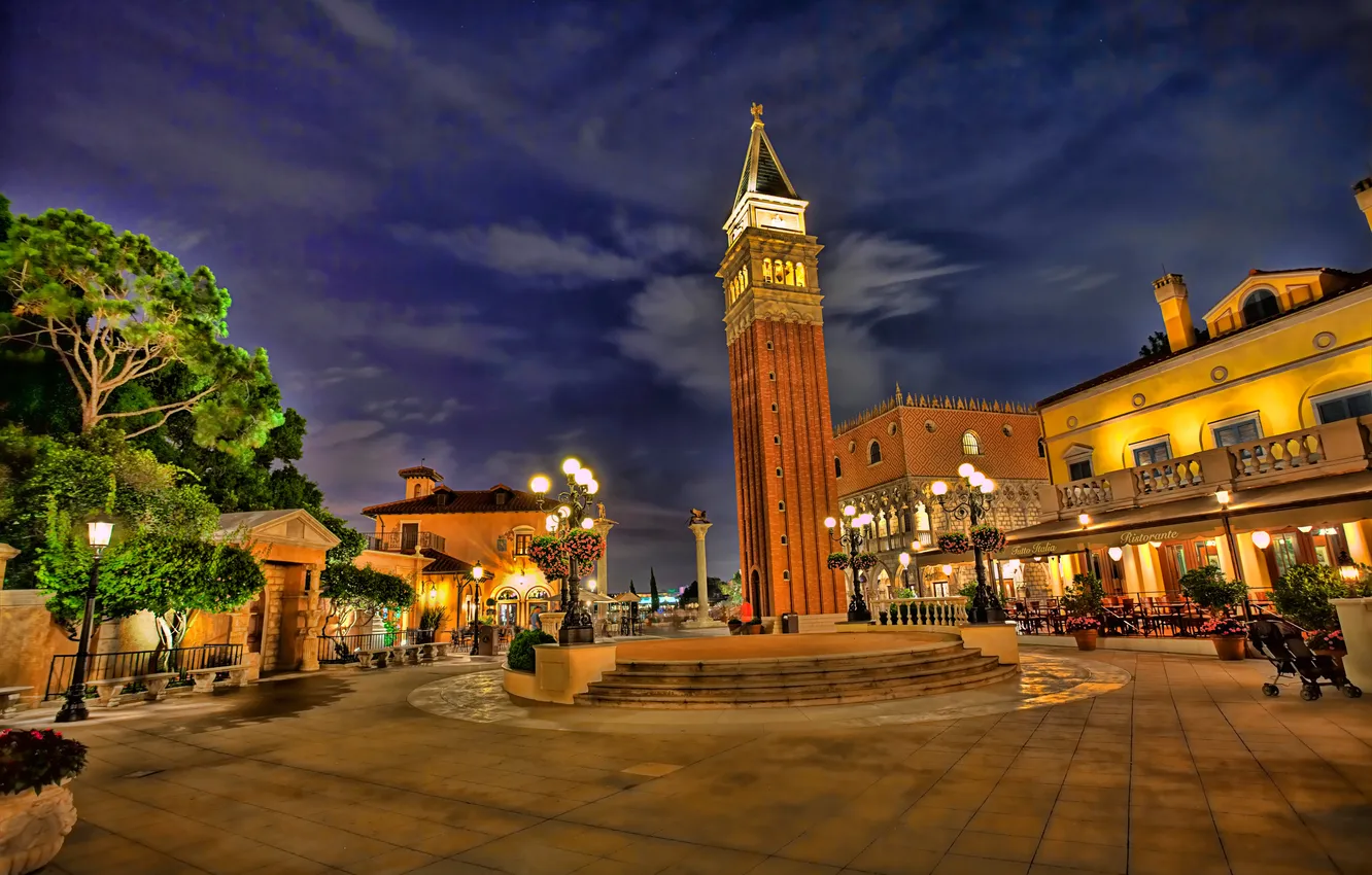 Фото обои свет, ночь, парк, башня, фонарь, сша, дворец, венеция