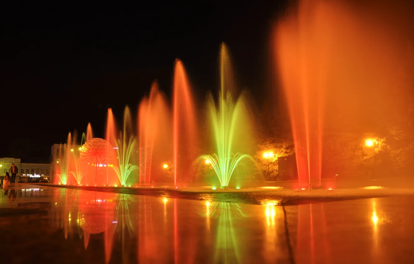 Фото обои вода, цвет, фонари, фонтан