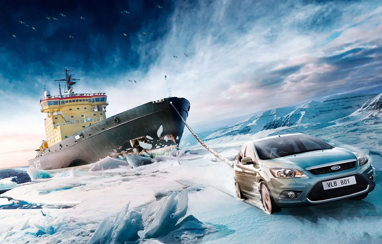 Фото обои небо, снег, лёд, фокус, буксир, ice, ford, форд