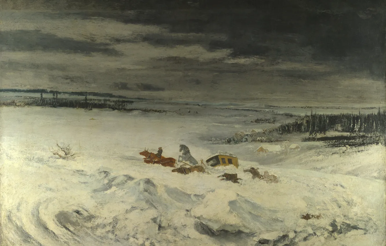 Фото обои зима, пейзаж, картина, Gustave Courbet, Гюстав Курбе, Дилижанс в Снегу