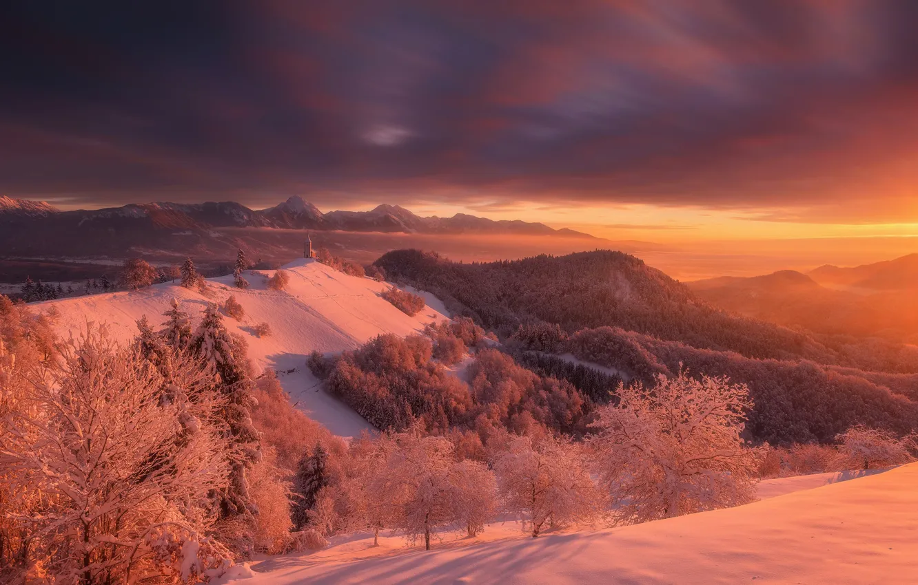 Фото обои зима, снег, деревья, закат, горы, церковь, Словения, Юлийские Альпы