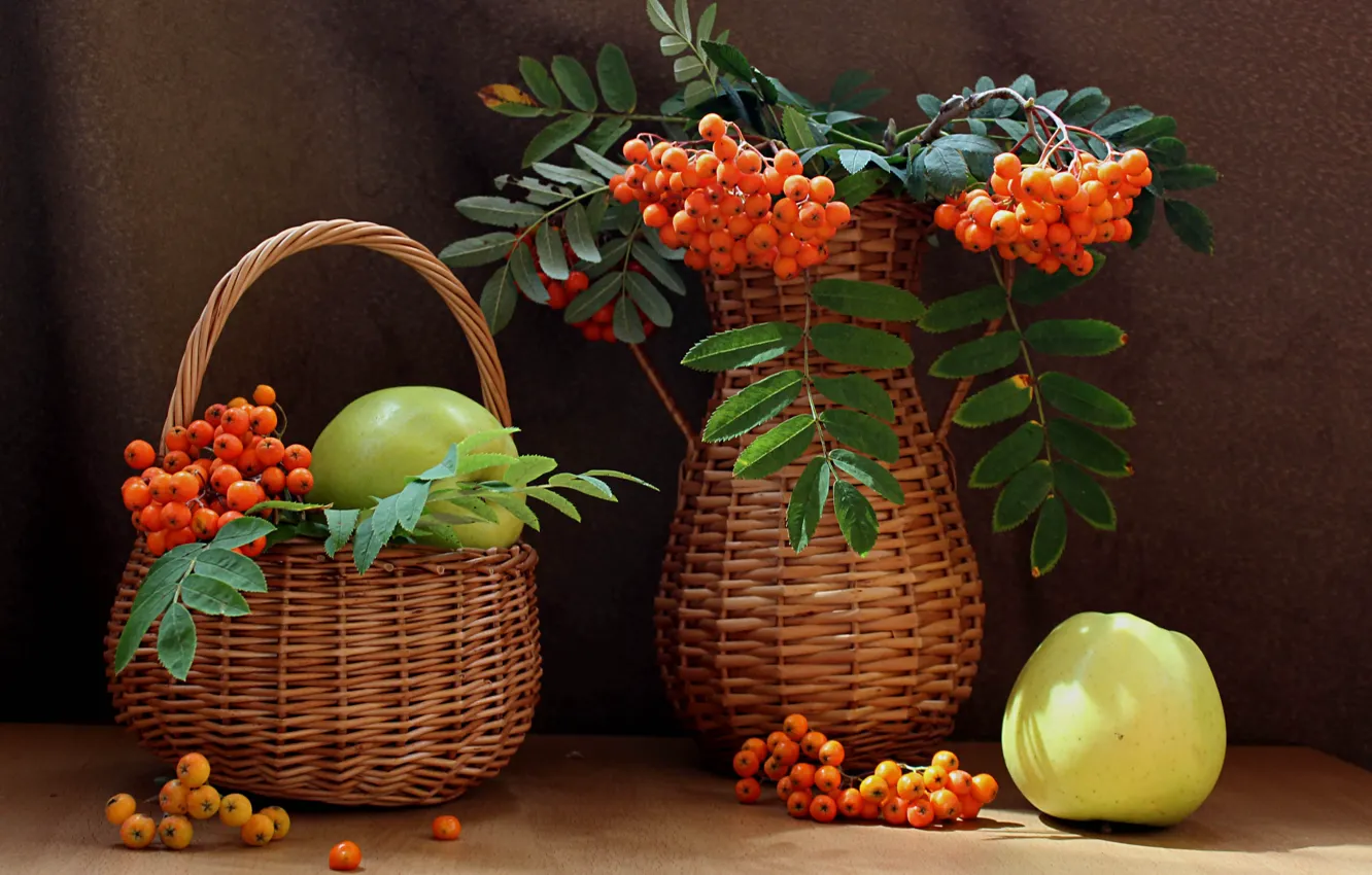Фото обои лето, ягоды, яблоки, фрукты, натюрморт, рябина