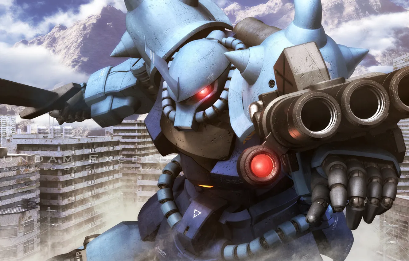 Фото обои город, оружие, робот, пыль, Mobile Suit Gundam