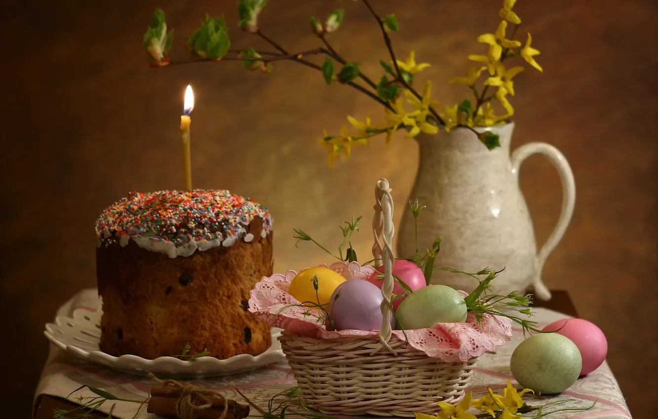 Фото обои ветки, праздник, корзина, свеча, яйца, Пасха, кувшин, столик