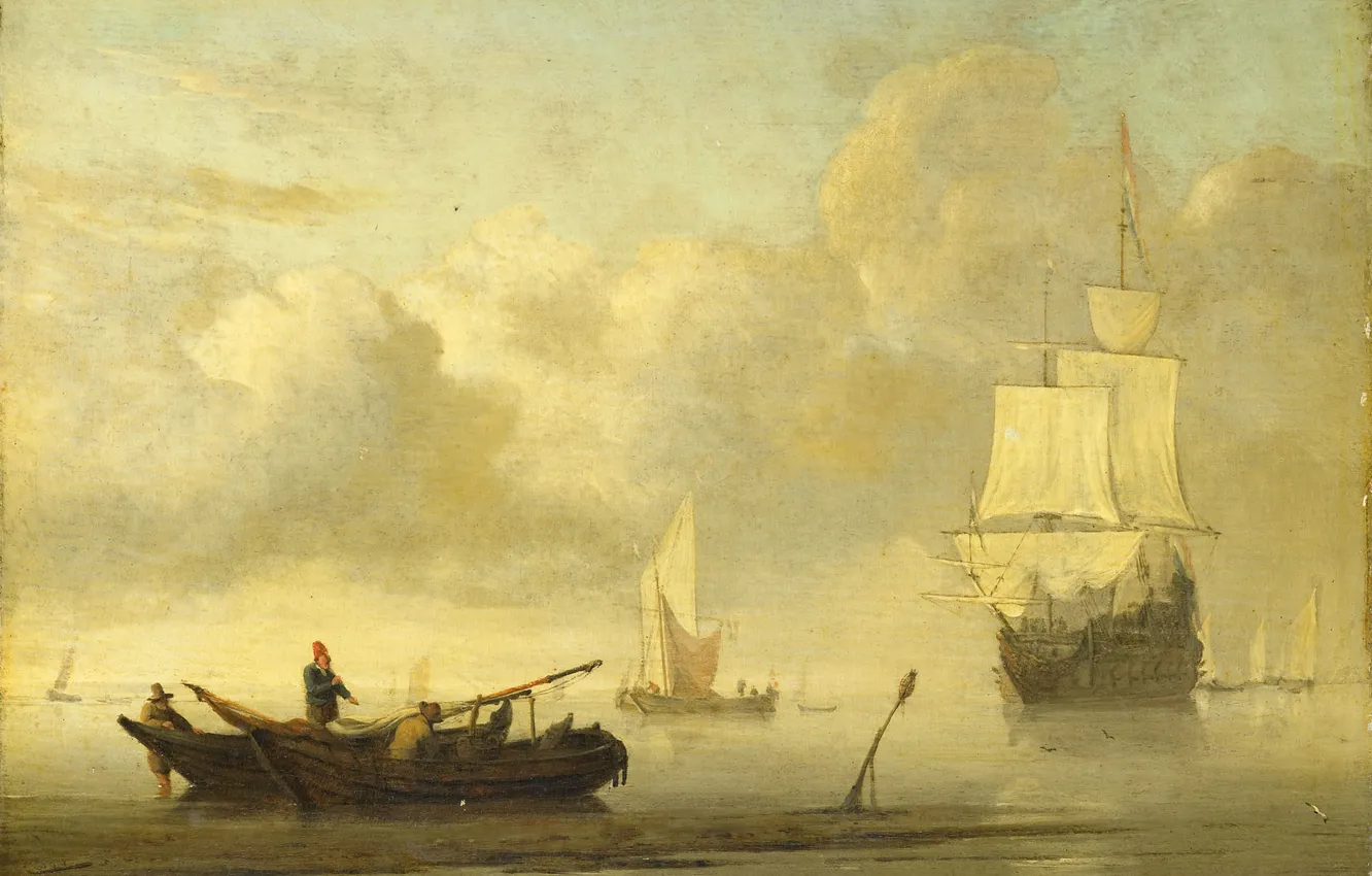 Фото обои масло, картина, Виллем ван де Велде Младший, Willem van de Velde II, 1707, Корабли у …