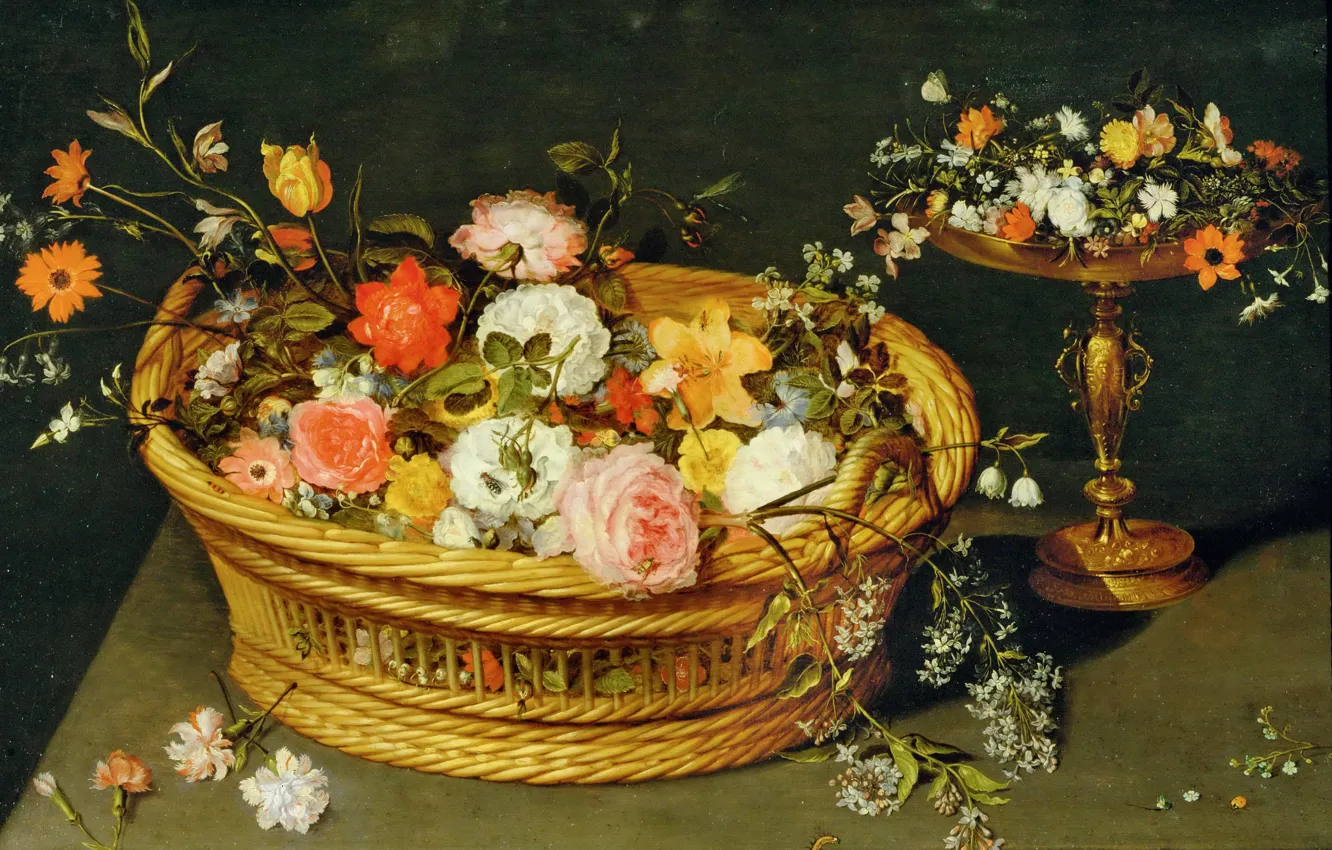 Фото обои корзина, картина, ваза, Ян Брейгель младший, Натюрморт с Цветами