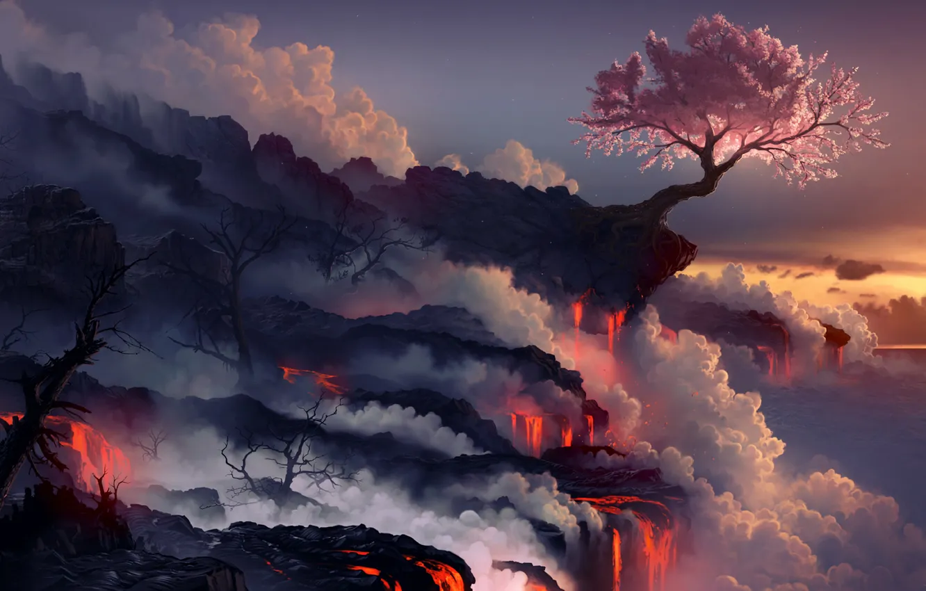 Фото обои clouds, tree, waterfall, burning lava