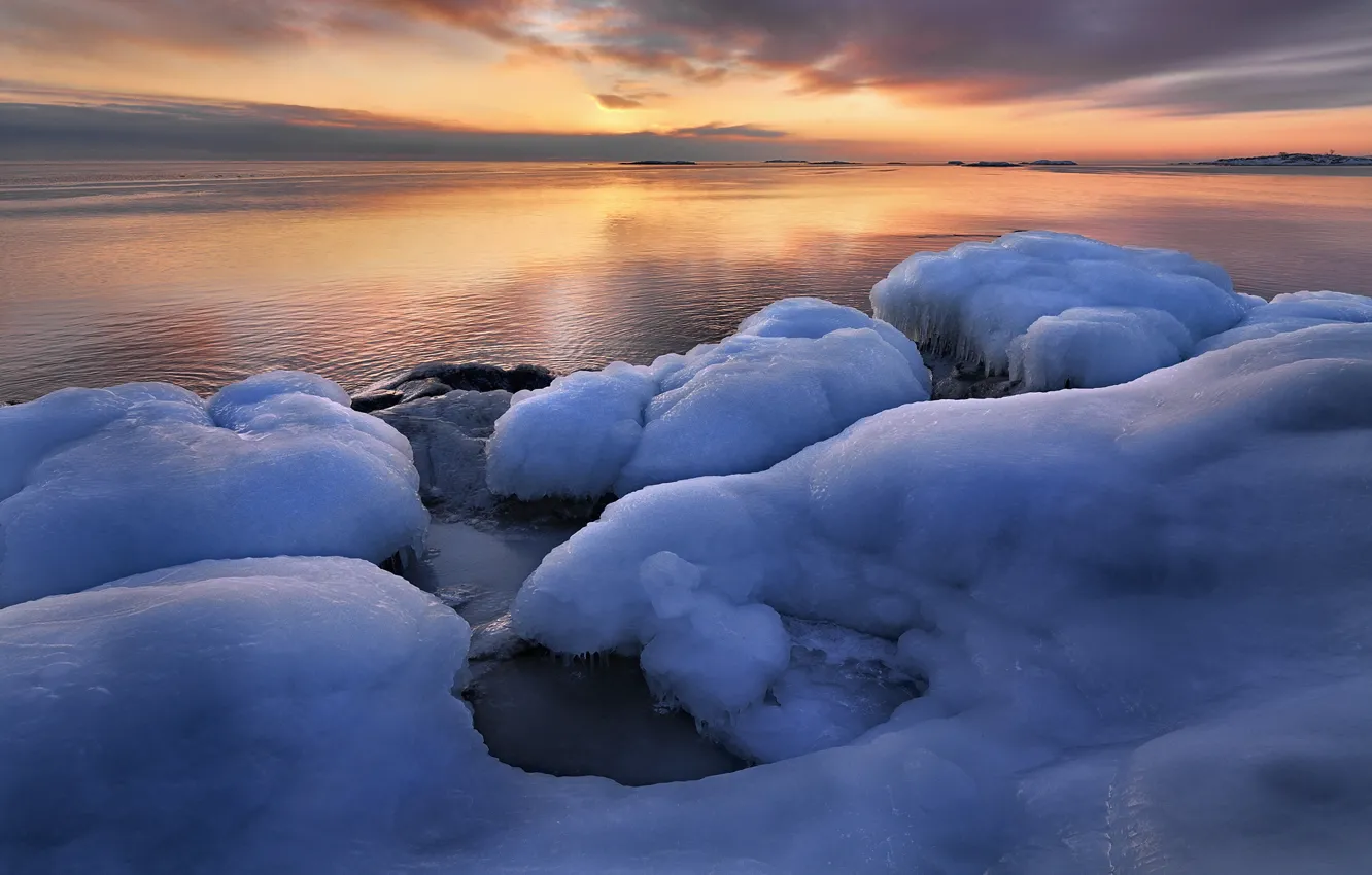 Фото обои зима, восход, лёд, Швеция, Sweden, Uppland, Grisslehamn