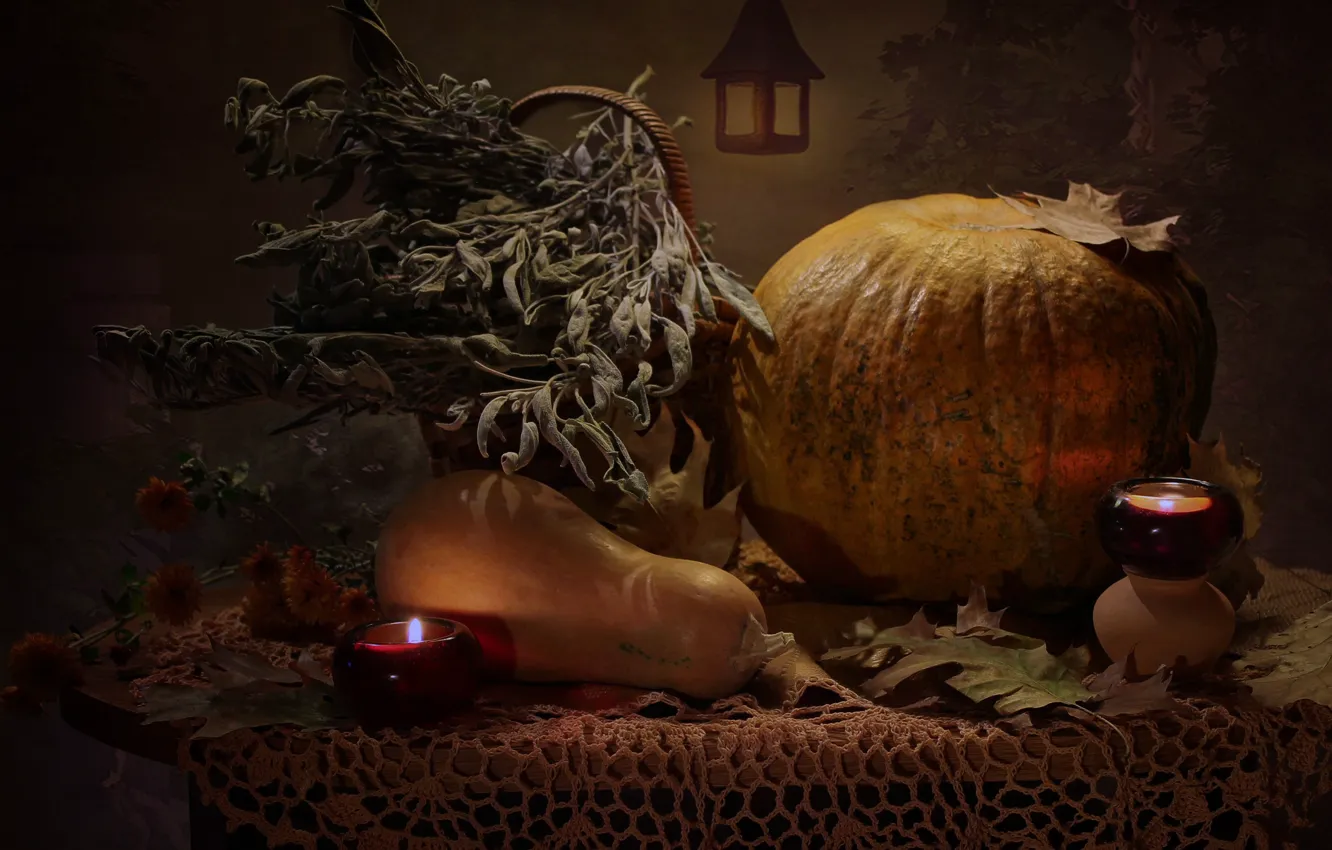 Фото обои осень, свеча, тыква, натюрморт, хеллоуин