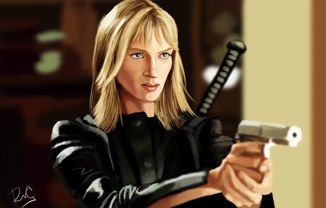 Фото обои пистолет, оружие, рисунок, катана, арт, блондинка, костюм, Kill Bill