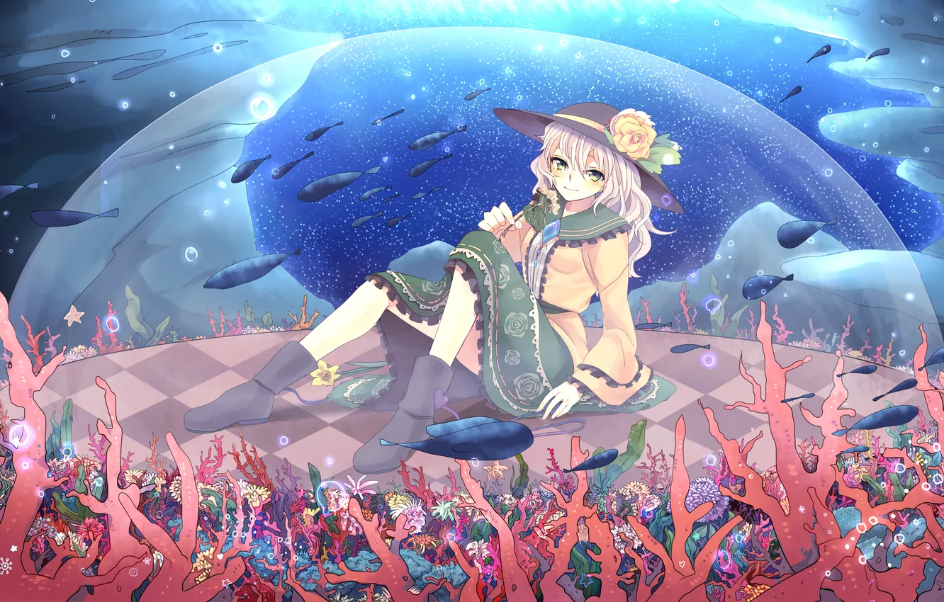 Фото обои вода, девушка, рыбы, кораллы, сфера, сидит, touhou, art