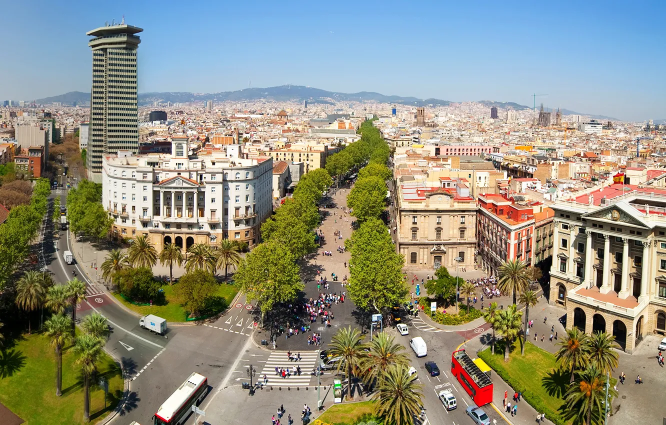 Фото обои деревья, дороги, дома, площадь, Испания, вид сверху, Барселона