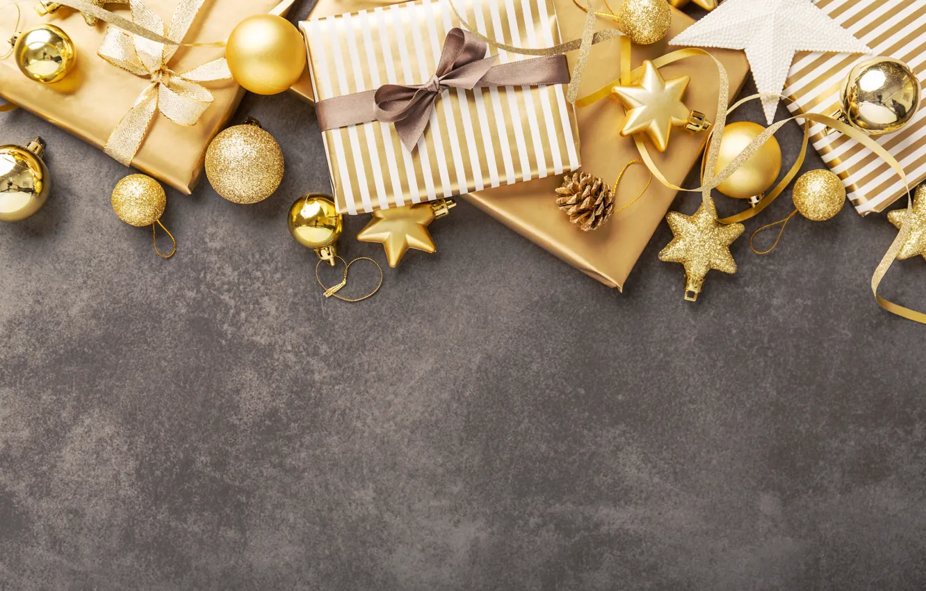 Фото обои украшения, шары, Новый Год, Рождество, подарки, silver, golden, Christmas