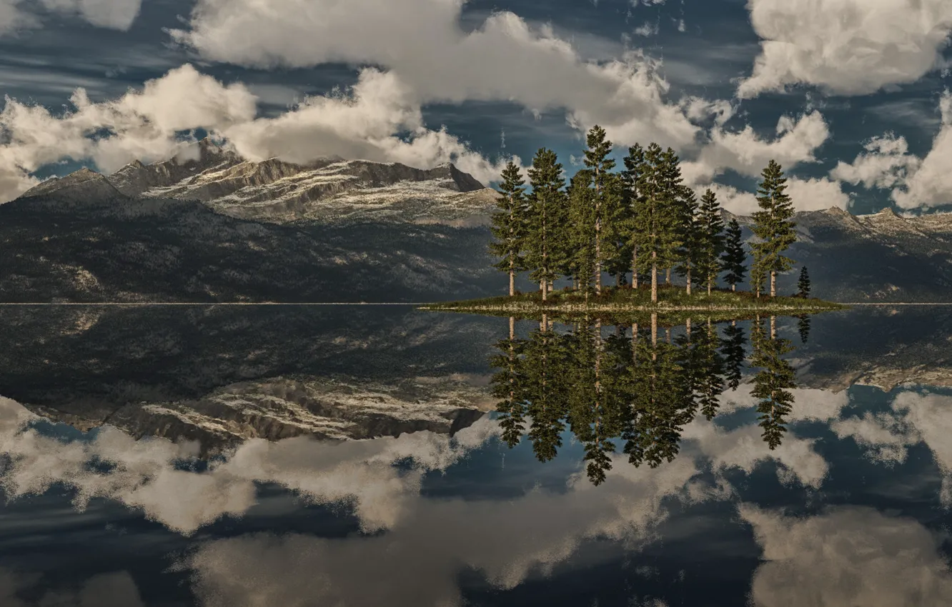 Фото обои облака, деревья, горы, озеро, отражение, скалы, остров, ель
