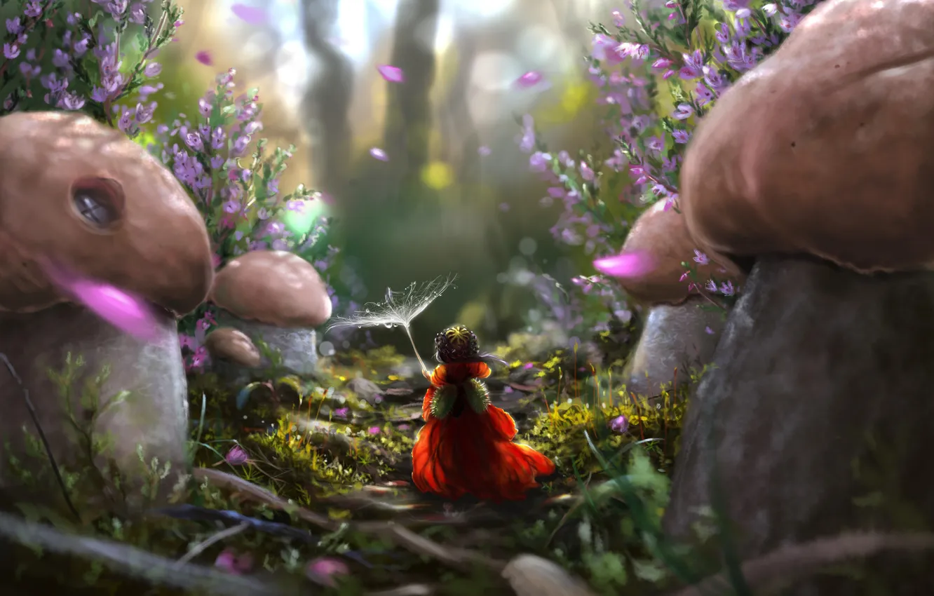 Фото обои лес, грибы, лепестки, арт, девочка, тропинка, спиной, парашутик