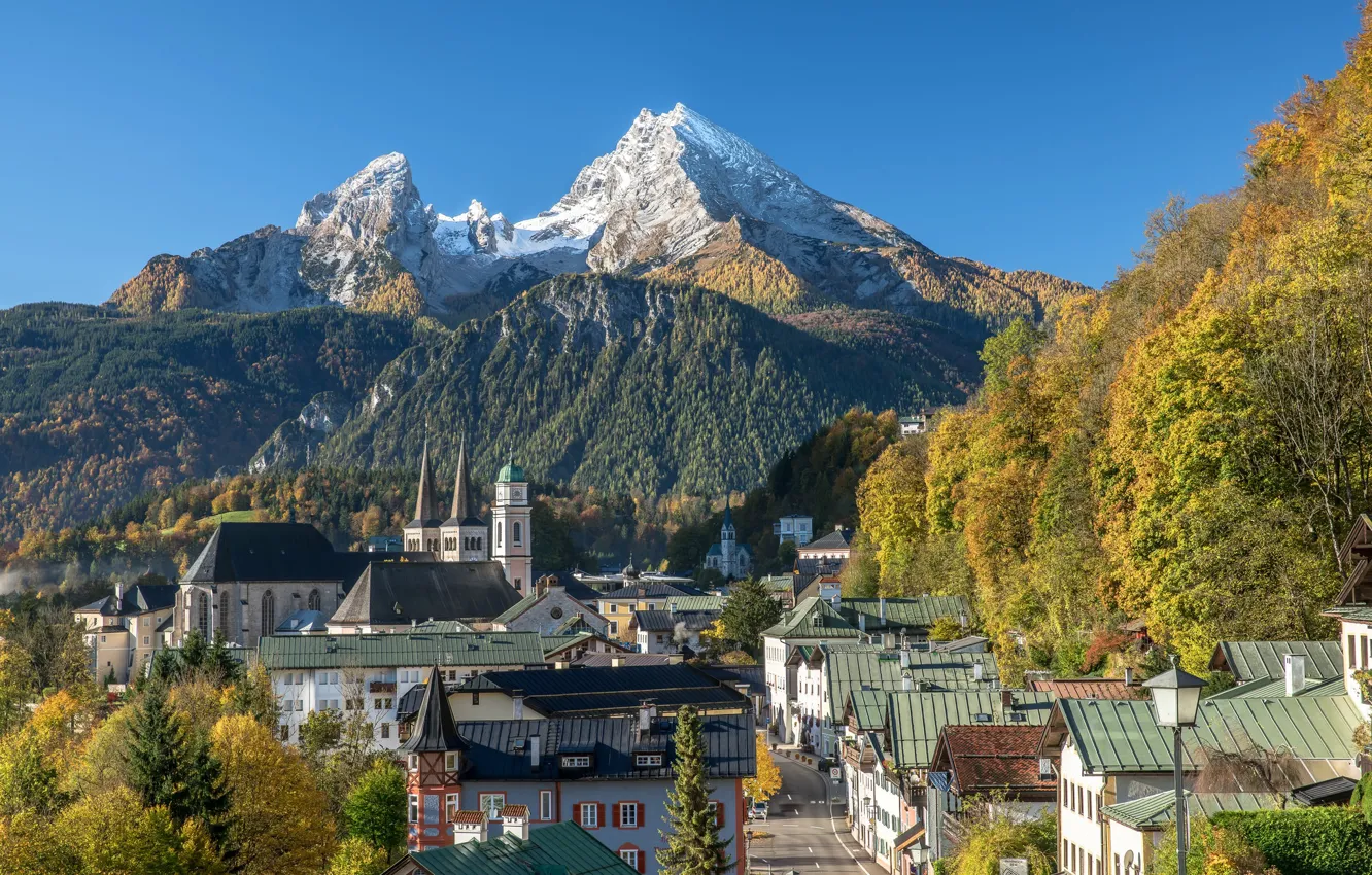 Фото обои осень, пейзаж, горы, улица, дома, Германия, Бавария, церковь