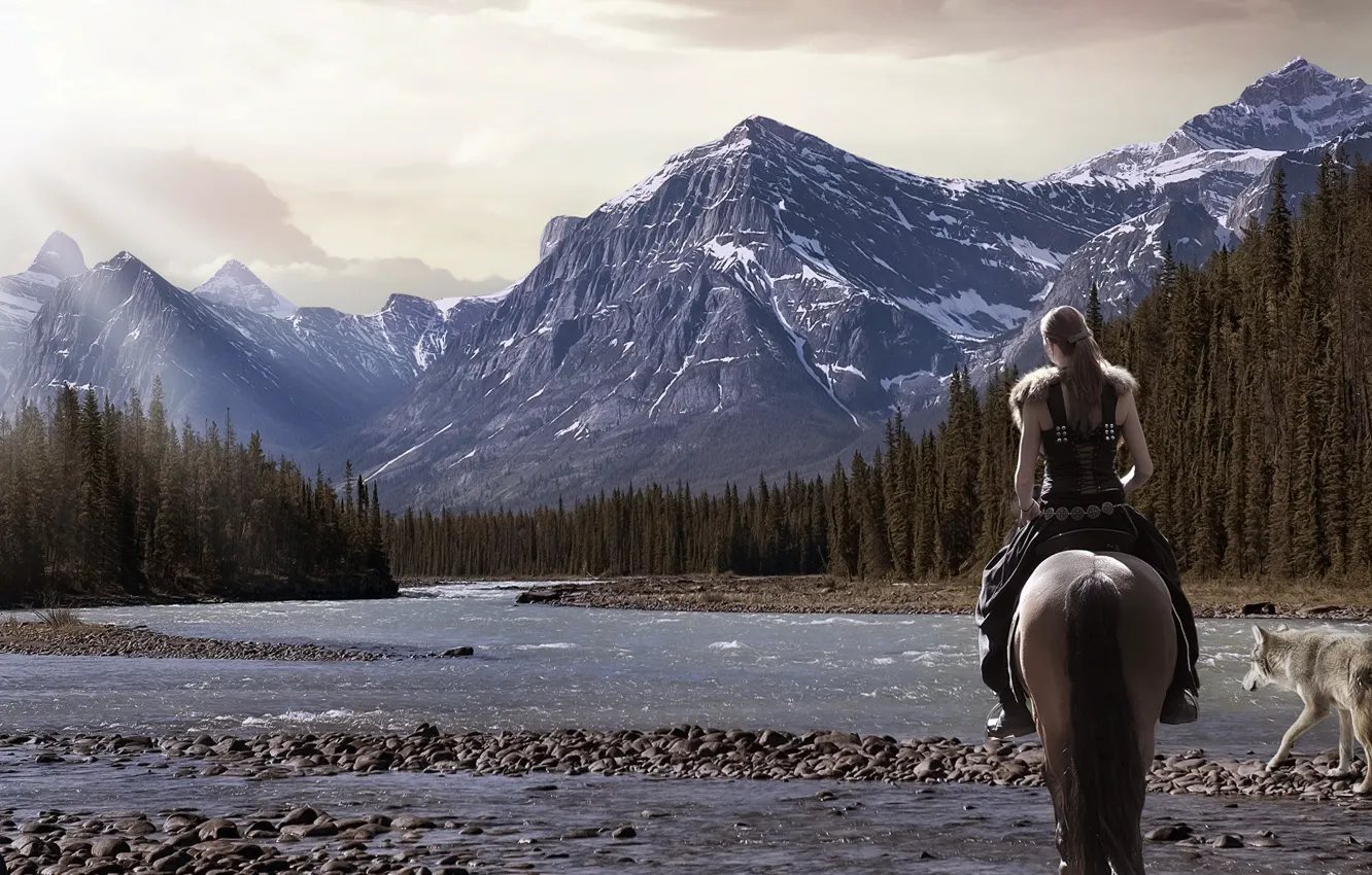 Фото обои лес, девушка, пейзаж, горы, природа, река, лошадь, волк