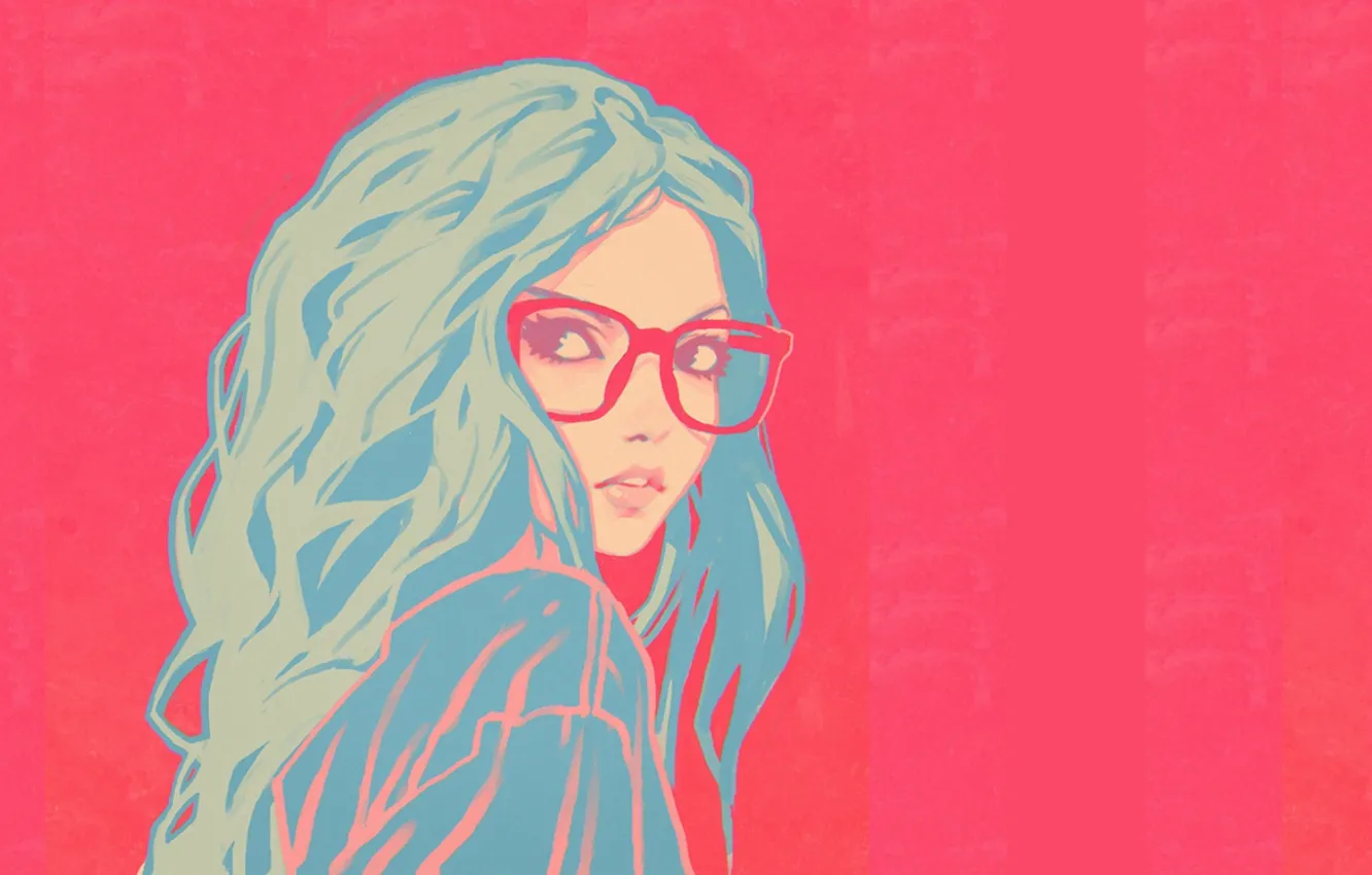 Фото обои лицо, очки, розовый фон, плечо, голубые волосы, портрет девушки, вьющиеся волосы, Илья Кувшинов