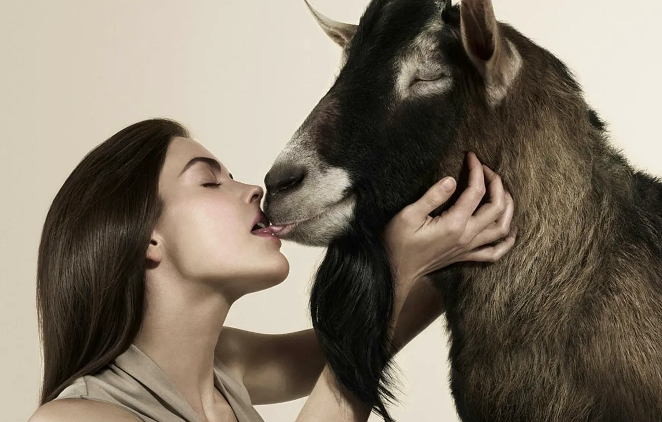 Фото обои девушка, козел, поцелуй