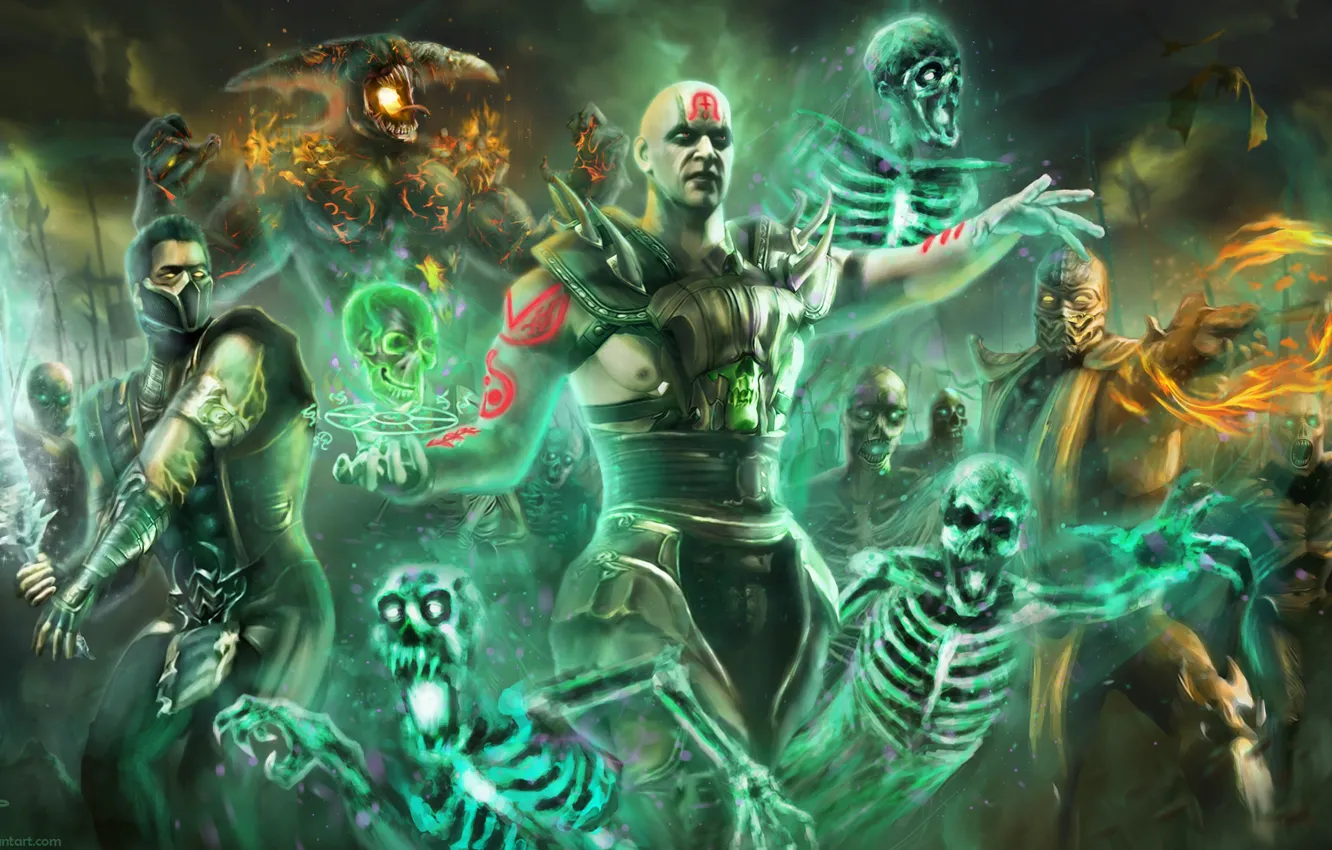 Фото обои undead, army, Scorpion, Sub-Zero, skeleton, necromancer, Mortal Kombat X, Quan Chi