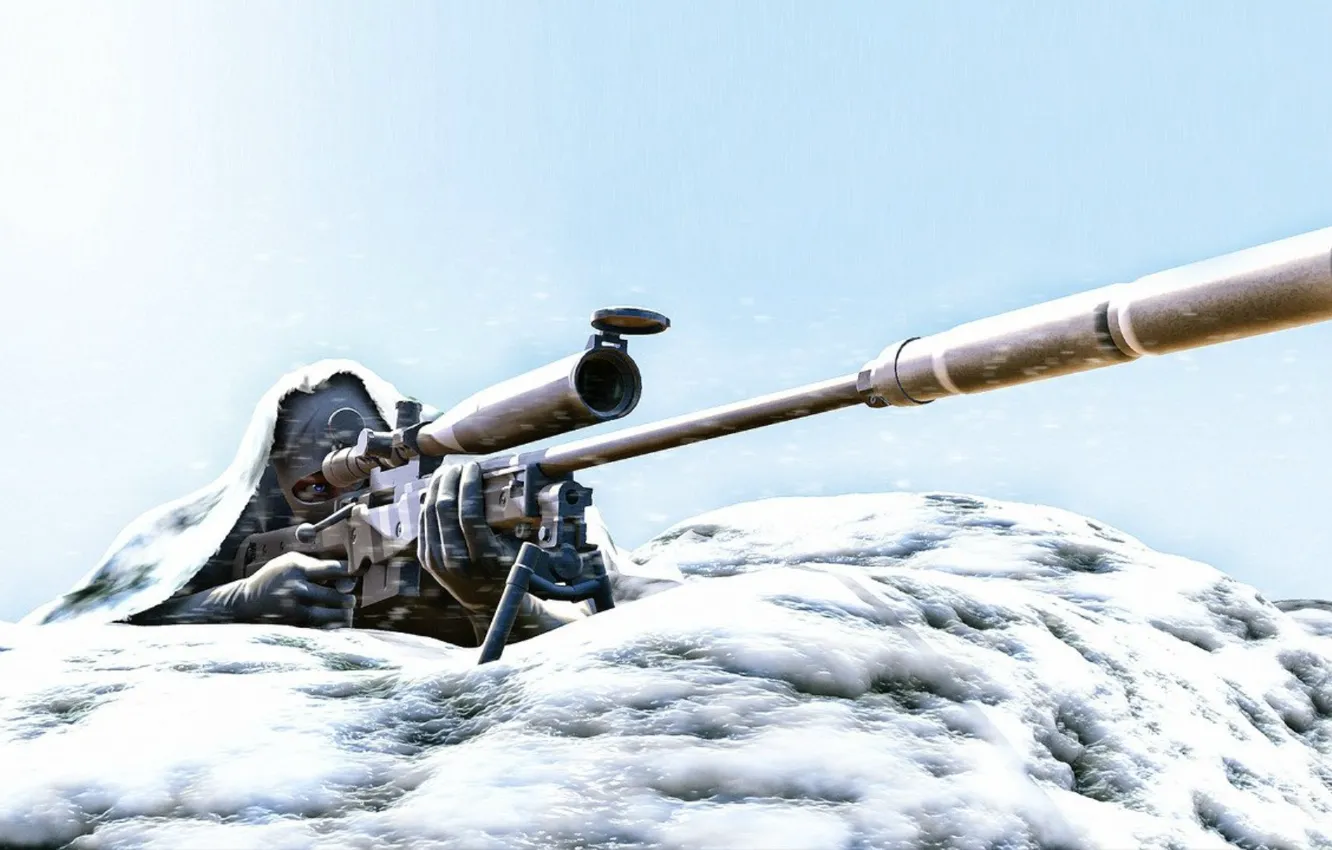 Фото обои снег, арт, снайпер, винтовка, зимой