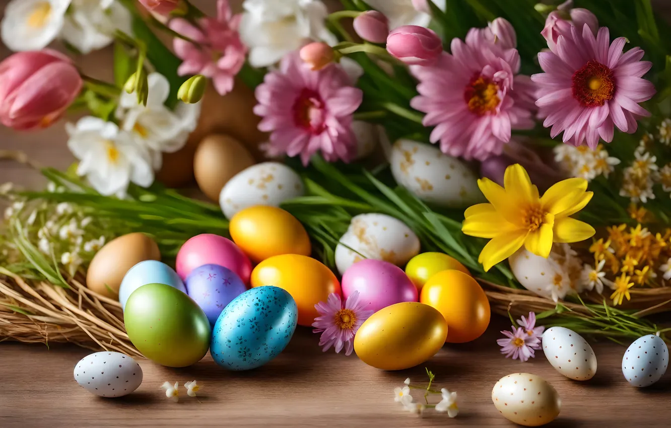 Фото обои цветы, яйца, весна, colorful, Пасха, happy, flowers, spring